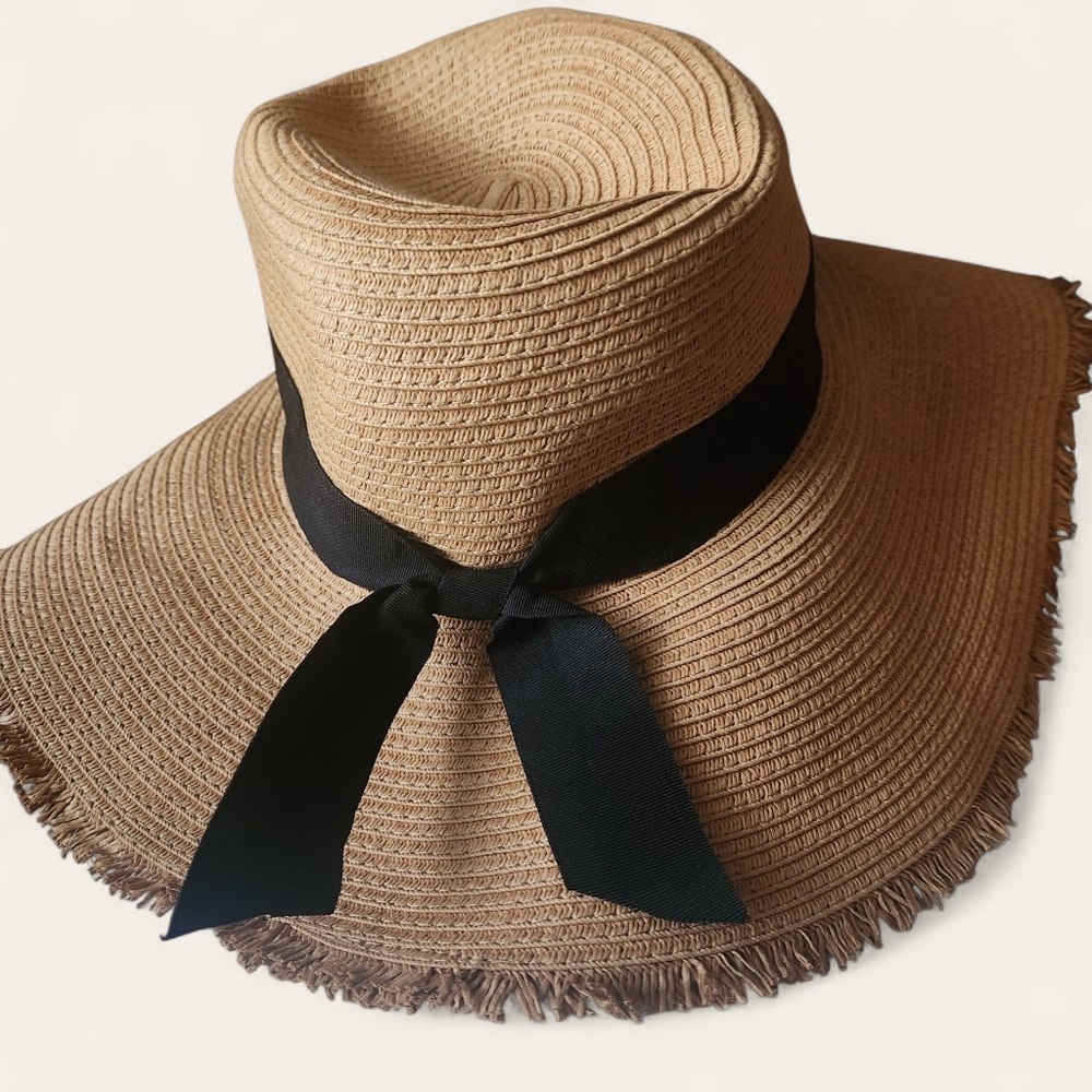 Womens Elegant Tan Wide-Brim Hat with Black Ribbon From The Loft